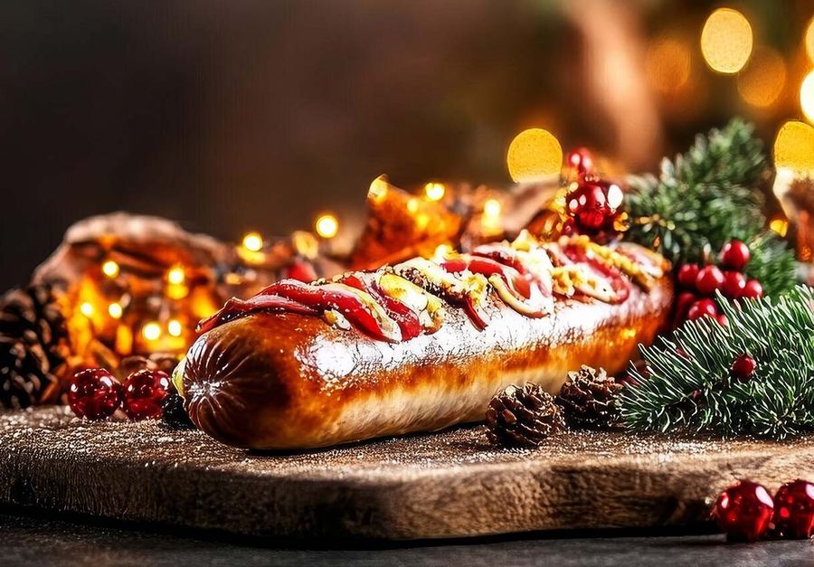 Festlich angerichtete Bratwurst im Brötchen auf einem Holzbrett vor warmen Weihnachtslichtern