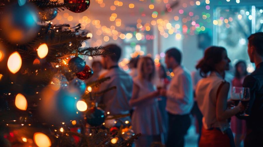 Gäste feiern gemeinsam vor einem geschmückten Weihnachtsbaum mit warmen Lichtern