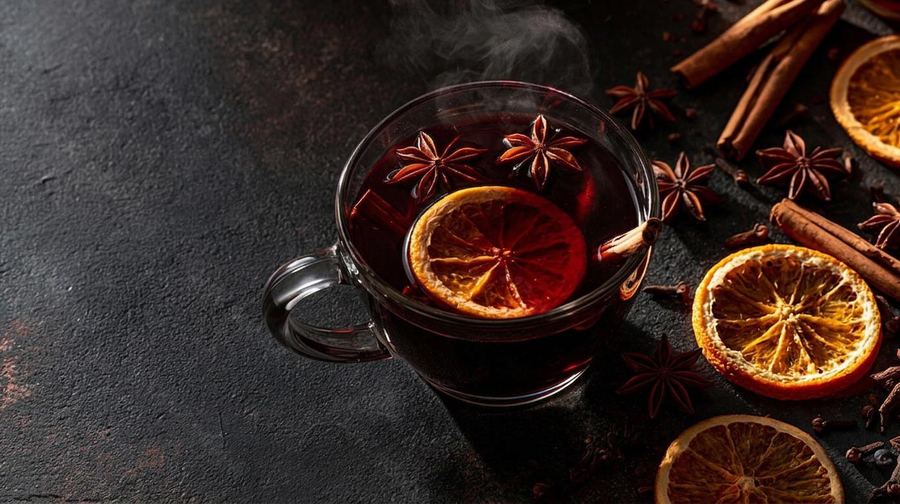 Dampfender Glühwein mit Orangenscheibe, Sternanis und Zimtstangen