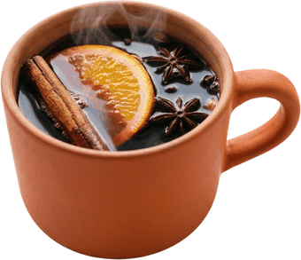 Tasse Glühwein mit Orangenscheibe, Zimtstange und Sternanis